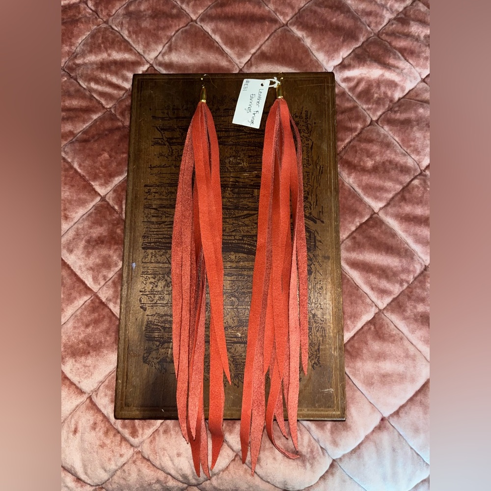 Terracotta Red Leather Fringe Earrings by Just Joey Rose